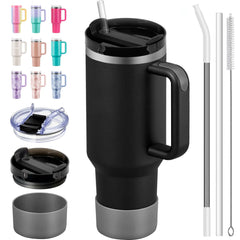 TEAMVV 40 oz Tumbler with Handle and Straw Stainless Steel Vacuum Insulated Tumbler Tea or Iced Coffee Mug for Hot or Cold Beverages 40 oz Tumbler with Handle(Black)