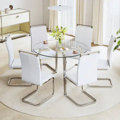 Modern Minimalist Style Round Transparent Tempered Glass Table, Tempered Glass Top, Silver Metal Legs, Suitable For Kitchen, Dining Room, Living Room Unavailable Platforms- AliExpress
