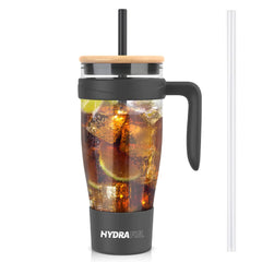 Hydraful 40 oz Glass Tumbler with Handle Reusable Glass Tumbler with Straw and Lid BPA Free Clear Glass Tumbler with Bamboo Lid Fits In Cup Holder Dishwasher Safe Black