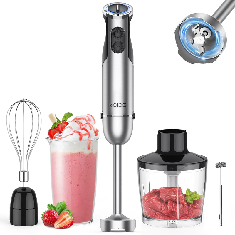 KOIOS Immersion Hand Blender 5-in-1 Hand Blender with Entire Stainless Steel Blender Shaft Full Copper Motor Built in 12 Speed Turbo Stick Blender Handheld blender for Baby food Smoothies Soups